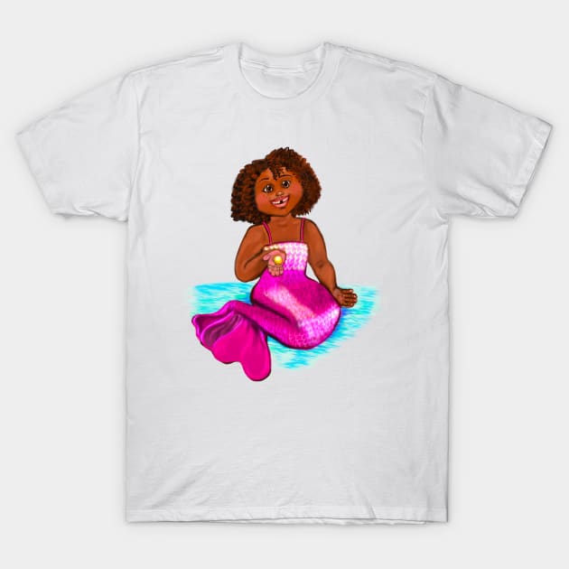 Little Magical rainbow mermaid has lost a tooth and got a coin from the tooth fairy, brown eyes, Afro hair in two puffs and caramel brown skin - light background T-Shirt by Artonmytee